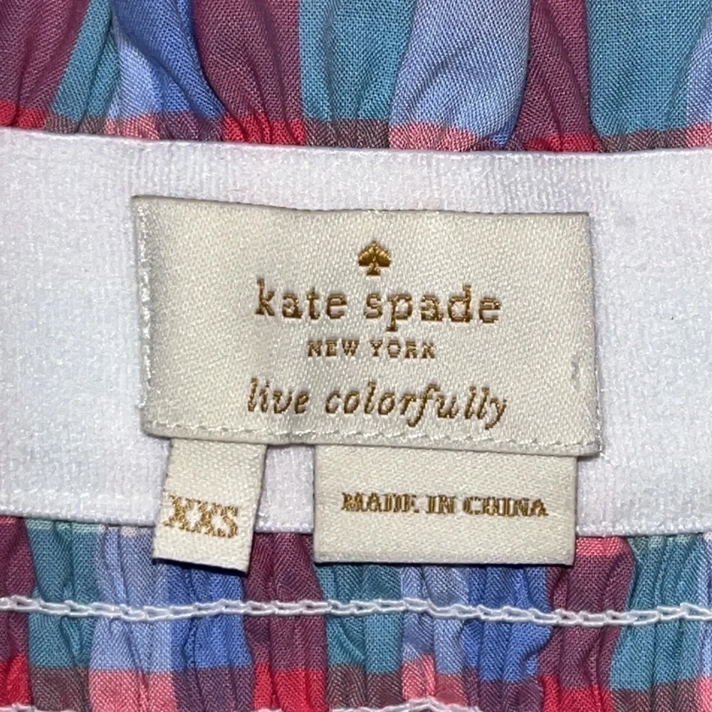 Kate Spade Madras Off Shoulder Top Blouse 3/4 Sleeve Pink Blue Gingham XXS